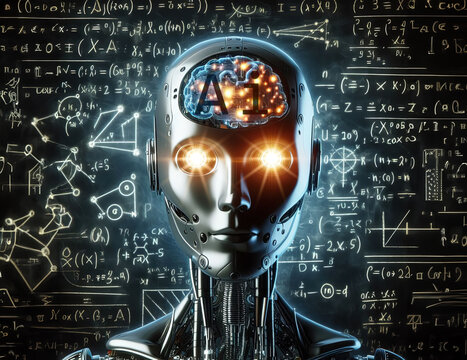 Visual Representation of a Robotic AI Brain Amidst Complex Mathematical Equations