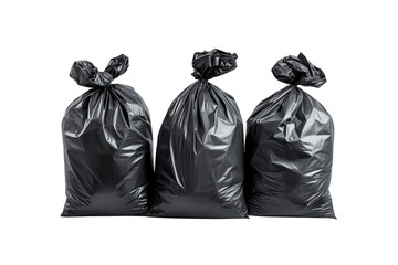 Three black garbage bags isolated on transparent background. PNG file.	