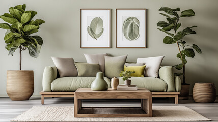 Modern green themed living room with botanical wall art