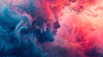 Creative Graphic Design Abstract Background - face merged into liquid clouds, pink and blue 