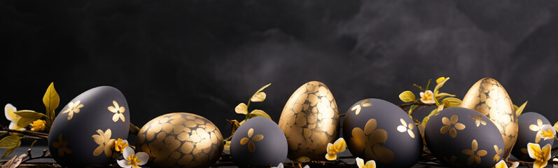 Osterdekoration mit edlen, goldenen Eiern auf dunklem Schieferhintergrund