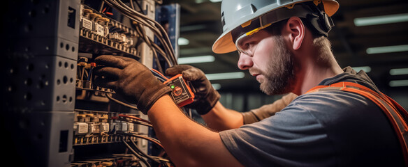 Skilled electrician testing electrical panel with multimeter - obrazy, fototapety, plakaty