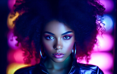 Striking portrait of a woman with neon lights and vibrant makeup