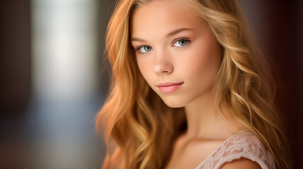 Serene teenage girl with soft wavy hair and delicate features