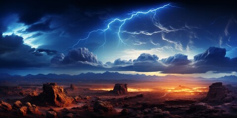 Dramatic lightning storm over desert at sunset