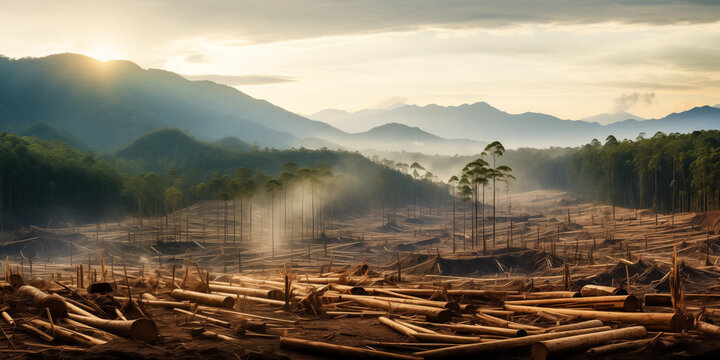 Sunset over deforested landscape with remaining trees casting shadows