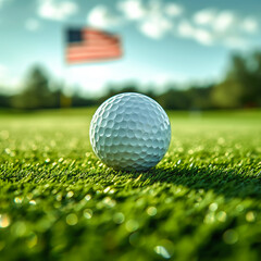 Golf ball lying on the golf course - American flag in the background