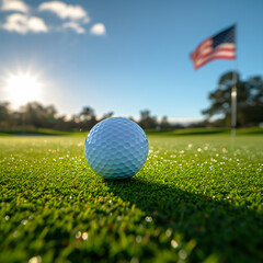 Golf ball on the golf course - American flag in the background - obrazy, fototapety, plakaty