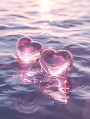 Two glass hearts floating around the saltwater at sunset