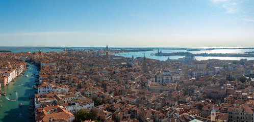Aerial View of Venice near Saint Mark's Square, Rialto bridge and narrow canals. Beautiful Venice from above. © Aerial Film Studio