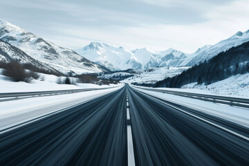 A dynamically blurred road with a sense of speed under the snowy mountains. 