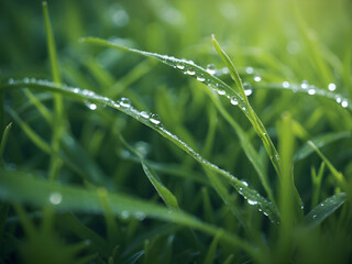 Ai generative a Design an immersive background with a focus on the intricate details of dewdrops on blades of grass, showcasing the beauty of morning freshness