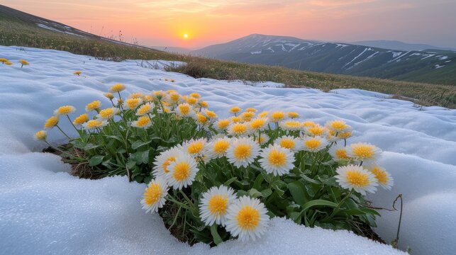 Spring Flowers Breaking Through Snow At Sunrise