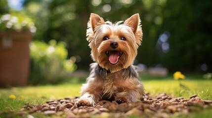 A happy Yorkshire terrier eats from a bowl on green grass street background. Dog smiles and looks at the camera, food flies around the puppy, a banner with an empty space for the text.