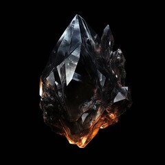 Black crystal onyx gem isolated on black background. Natural precious mineral stone artistic illustration