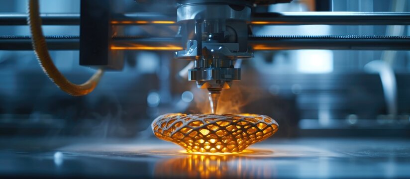 Metal 3D printer creates printed object; laser sintering machine makes model; represents 4.0 industrial revolution with additive technology.