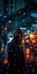 in a near future setting, a portrait of a rogue agent wearing a black hoodie and face mask with looking at camera, angry look, burning fire in his eyes, rain, dramatic pose