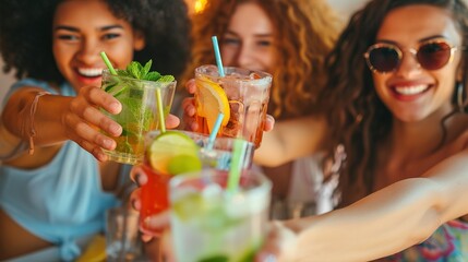 Multiracial friends enjoying happy hour toasting fresh mojito cocktails at open bar - Happy group of young people celebrating summer party together - Life style food and beverage concept - obrazy, fototapety, plakaty