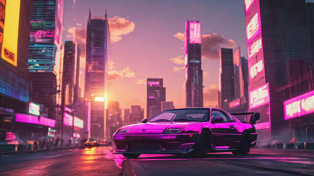 Purple sport car in the middle of the road in a mega city