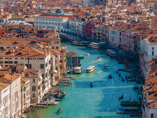 Aerial View of Venice near Saint Mark's Square, Rialto bridge and narrow canals. Beautiful Venice from above. - obrazy, fototapety, plakaty