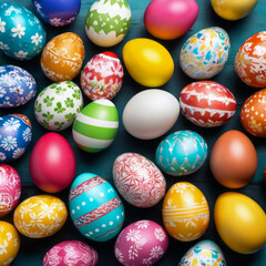 Fototapeta na wymiar Stylish Easter eggs in wooden plate