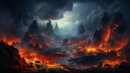 Volcanic Landscape with Fiery Sky | Apocalyptic Nature Scene - obrazy, fototapety, plakaty