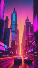 vibrant purple colored city with skyscrapers
