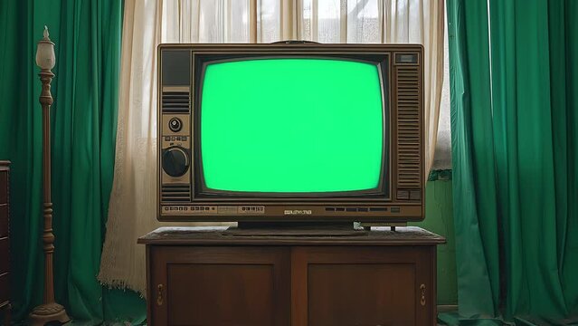 Old-school vintage television set glitch effect, zooming out against a vintage background with green screen, 4k