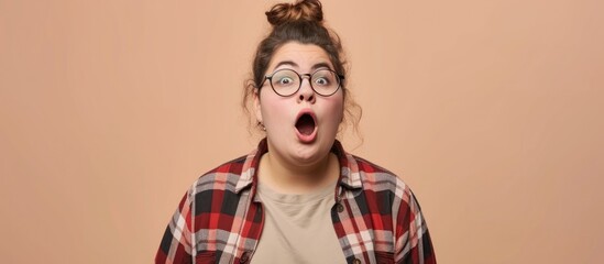 Sarcastic, skeptical young plus size woman wearing casual clothes and glasses expresses disbelief with an open mouth. - Powered by Adobe