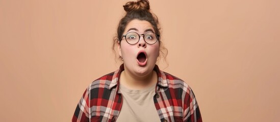 Sarcastic, skeptical young plus size woman wearing casual clothes and glasses expresses disbelief with an open mouth.