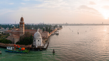 Obraz premium Aerial view of historic Saint Michele cemetery island near Murano and Venice, Italy