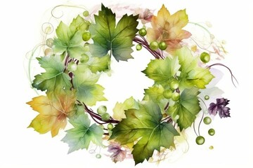 Realistic watercolor wreath of transparent leaves, fresh grape foliage isolated on white. Generative AI