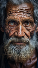 an old Iranian man in his 90s, who has not washed for over 60 years, his face layered with dead skin cells and soot