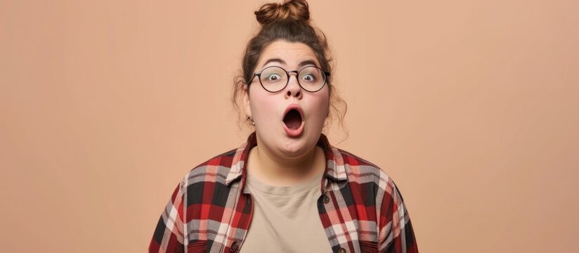 Sarcastic, skeptical young plus size woman wearing casual clothes and glasses expresses disbelief with an open mouth.