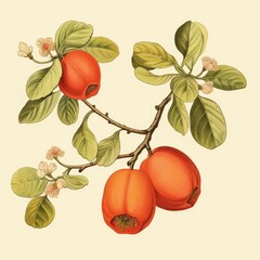 Botanical illustration, branch with quince fruit in retro illustration style