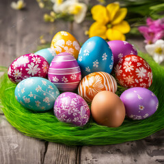 Fototapeta na wymiar Stylish Easter eggs in wooden plate