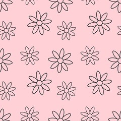 Outline chamomile on a pink background repeating pattern