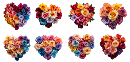 set of colourful roses in shape of love heart 