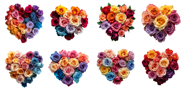 set of colourful roses in shape of love heart 