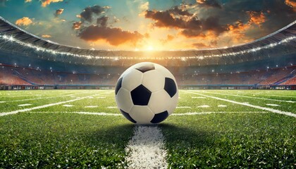 
podium in the center of a stadium, surrounded by rows of empty seats and light flashes. The podium is simple and perfect to show your product, the playground of grass inside the soccer football
