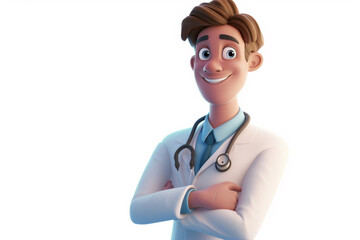  Cartoon male cardiologist character stethoscope hospital white coat. 