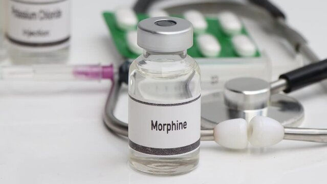Morphine in a vial, narcotics are dangerous to health or brain nervous system