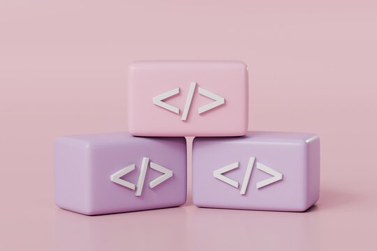 3D Coding language development icon.software developer concept. tri or triple rectangle shape. isolated on pink pastel background. 3D minimal cartoon design style icon. 3d rendering illustration.