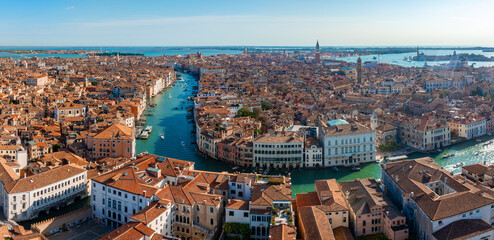 Aerial View of Venice near Saint Mark's Square, Rialto bridge and narrow canals. Beautiful Venice...