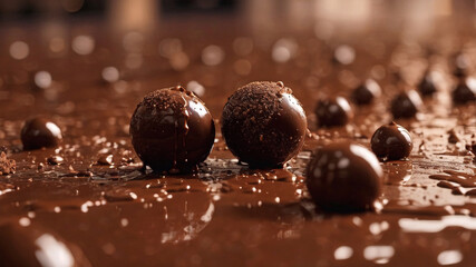 Chocolate balls on a thick moist chocolate platform