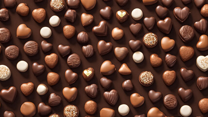 heart and circular shaped candies on a chocolate platform