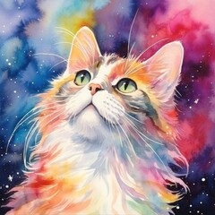 Cat in the rainbow sky, watercolor