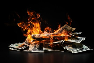 Burning dollar banknotes on black background. Financial crisis concept. Concept of crisis, market crash, growing inflation, bear market, recession. Burning money.