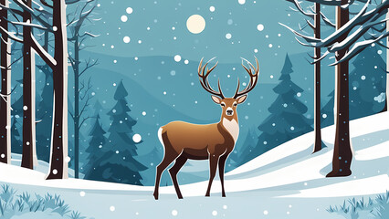 Deer illustration with winter snow background. Graphic resource for web design, poster, social media, wall decoration. Ready to use and print