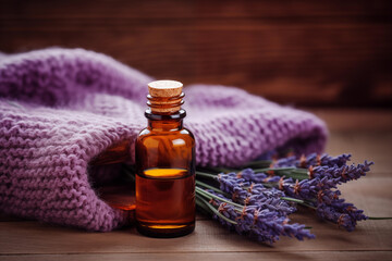 Fototapeta na wymiar Essential oil bottle with lavender on knitted texture in warm light. Generative AI